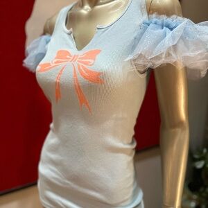 BOW DOWN distressed ribbon keyhole handmade tank flutter sleeves distressed M